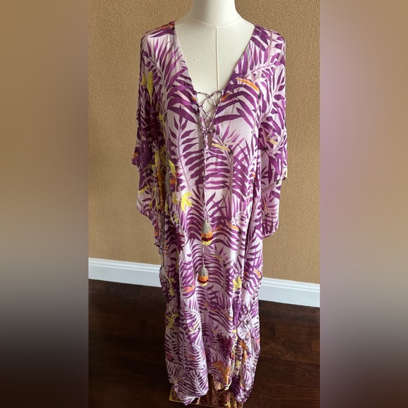 Taj by Sabrina Crippa Beautiful Beaded Lilac Palm Leaf Silk Kaftan -NWT - Picture 5 of 16
